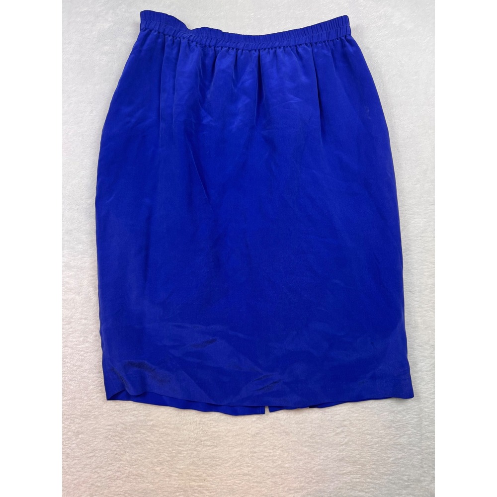 Vintage Royal Blue 100% Silk Elastic Waist Pencil Skirt Size 12 Cobalt Blue
